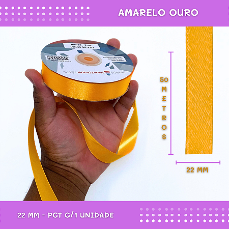 Fita de Cetim Lisa - 22mm - Rolo C/50 Mts COR:AMARELO-OURO
