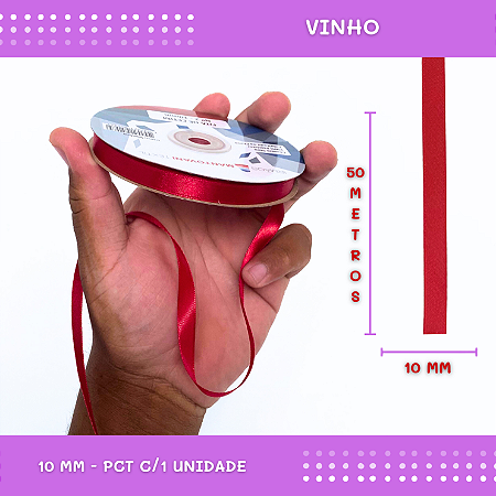 Fita de Cetim Lisa - 10mm - Rolo C/50 Mts COR:VINHO