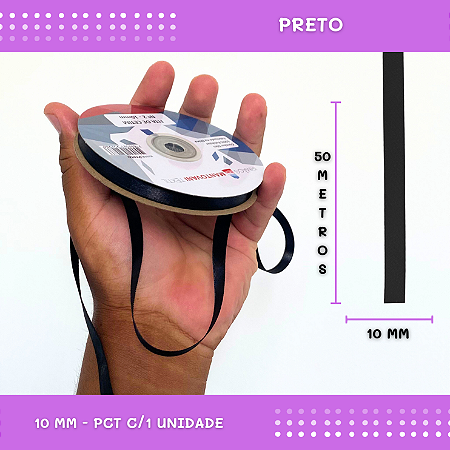 Fita de Cetim Lisa - 10mm - Rolo C/50 Mts COR:PRETO
