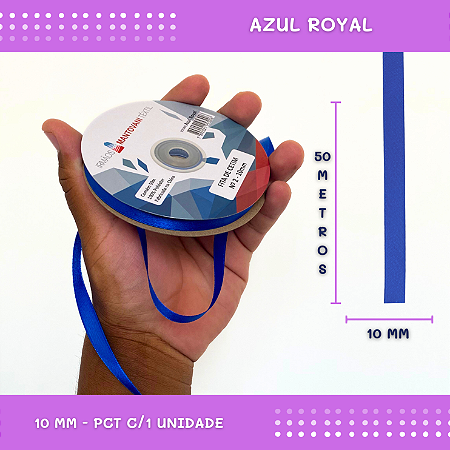 Fita de Cetim Lisa - 10mm - Rolo C/50 Mts COR:AZUL-ROYAL
