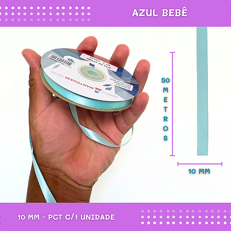 Fita de Cetim Lisa - 10mm - Rolo C/50 Mts COR:AZUL-BEBE