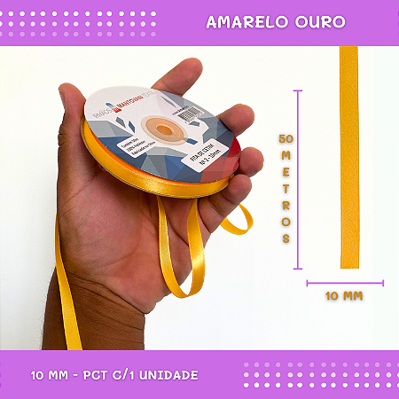 Fita de Cetim Lisa - 10mm - Rolo C/50 Mts COR:AMARELO-OURO