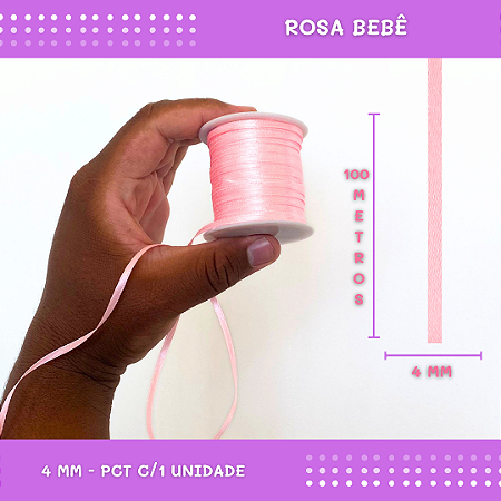 Fita de Cetim Lisa - 4mm - Rolo C/100 Mts COR:ROSA-BEBE