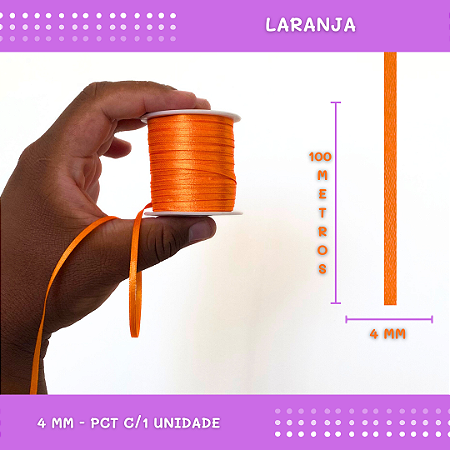 Fita de Cetim Lisa - 4mm - Rolo C/100 Mts COR:LARANJA