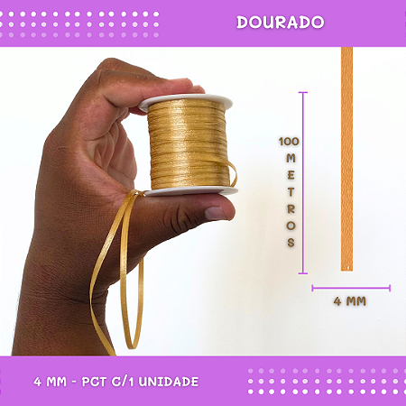 Fita de Cetim Lisa - 4mm - Rolo C/100 Mts COR:DOURADO