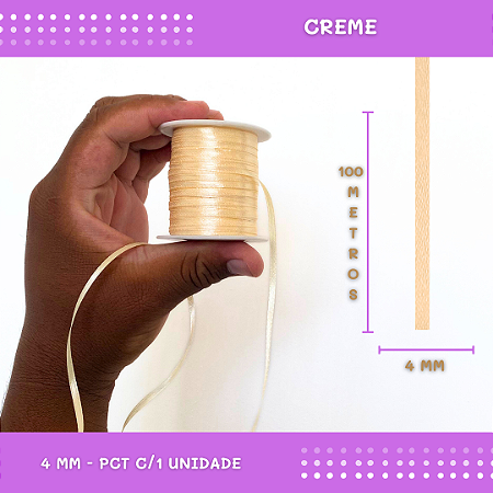 Fita de Cetim Lisa - 4mm - Rolo C/100 Mts COR:CREME