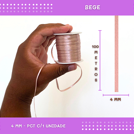 Fita de Cetim Lisa - 4mm - Rolo C/100 Mts COR:BEGE