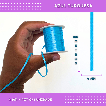 Fita de Cetim Lisa - 4mm - Rolo C/100 Mts COR:AZUL-TURQUESA