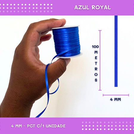 Fita de Cetim Lisa - 4mm - Rolo C/100 Mts COR:AZUL-ROYAL