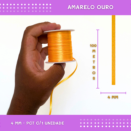 Fita de Cetim Lisa - 4mm - Rolo C/100 Mts COR:AMARELO-OURO