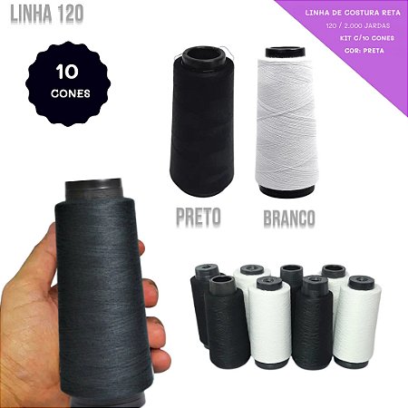 Kit 10 Cones de Linha de Costura Reta 120 / 2000 Jds - Preto