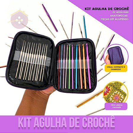 Kit Crochê 22 Agulhas Alumínio Coloridas + Estojo Case Ref:CL-55
