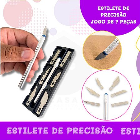 Estilete de Precisão P/ Artesanato | Modelismo  - Jogo de 7 Peças - Lâminas em Aço e Cabo em Alumínio
