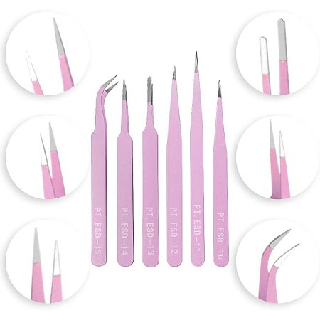 Kit 6 Pinças Anti Estática Artesanato Eletrônica Estética Ref: CL-21R