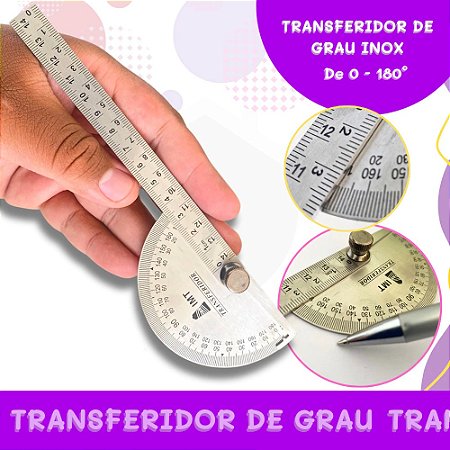 Transferidor de Grau Inox 180° - 90x150mm | Precisão | Engenharia | Desenho Técnico | Escolar