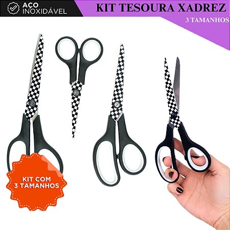 Kit C/ 3 Tesouras Decoradas Para Costura e Artesanato - Xadrez