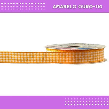 Fita Xadrez N°3 - 15mm - Rolo c/10 Mts Laços Junina Natalina COR:AMARELO-OURO-110