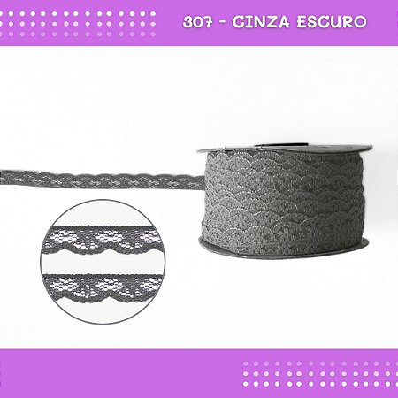 Renda De Poliamida R001 - 09mm - Rolo C/ 50 Mts Cor:Cinza-Escuro-307