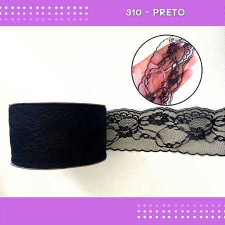 Renda De Poliamida R004 - 75mm - Rolo C/ 50 Mts Cor:Preto-310