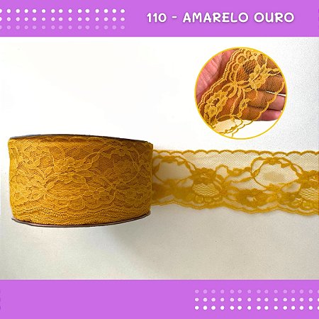 Renda De Poliamida R004 - 75mm - Rolo C/ 50 Mts Cor:Amarelo-Ouro-110
