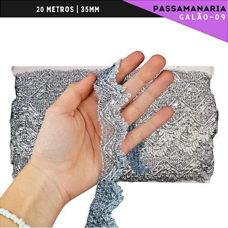 Fita Galão Passamanaria - 35mm - Ref:Galao-09 - Rolo C/20 Mts Cor:Prata