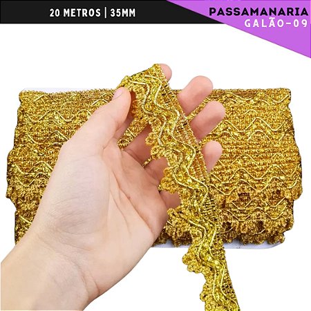 Fita Galão Passamanaria - 35mm - Ref:Galao-09 - Rolo C/20 Mts Cor:Ouro