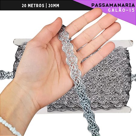Fita Galão Passamanaria - 20mm - Ref:Galao-15 - Rolo C/20 Mts Cor:Prata