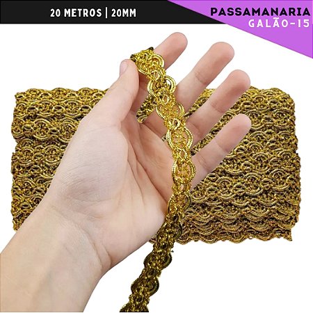 Fita Galão Passamanaria - 20mm - Ref:Galao-15 - Rolo C/20 Mts Cor:Ouro