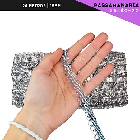 Fita Galão Passamanaria - 15mm - Ref:Galao-22 - Rolo C/20 Mts COR:PRATA