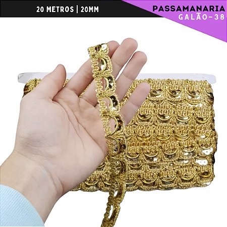 Fita Galão Passamanaria - 20mm - Ref:Galao-38 - Rolo C/20 Mts COR:OURO