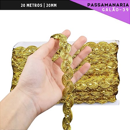 Fita Galão Passamanaria - 20mm - Ref:Galao-39 - Rolo C/20 Mts COR:OURO