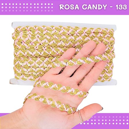 Fita Galão Passamanaria - 12mm - Ref:Galao-49 - Rolo C/20 Mts Cor:Rosa-Candy-133