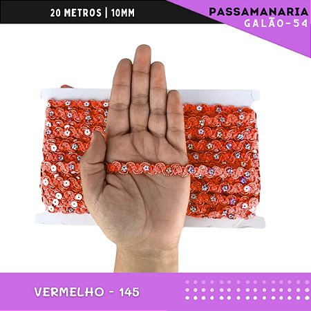 Fita Galão Passamanaria Ref:Galao-54-10mm - Rolo C/20 Mts Cor:Vermelho-145