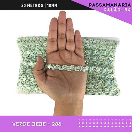 Fita Galão Passamanaria Ref:Galao-54-10mm - Rolo C/20 Mts Cor:Verde-Bebe-251