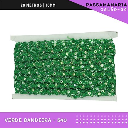 Fita Galão Passamanaria Ref:Galao-54-10mm - Rolo C/20 Mts Cor:Verde-Bandeira-540