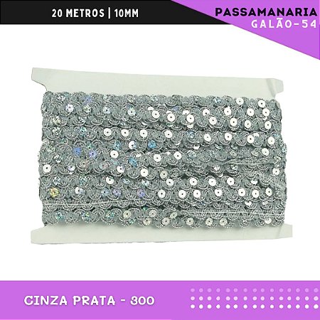 Fita Galão Passamanaria Ref:Galao-54-10mm - Rolo C/20 Mts Cor:Cinza-Prata-300
