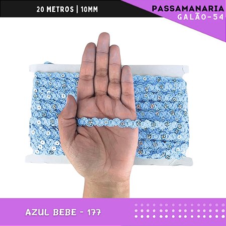 Fita Galão Passamanaria Ref:Galao-54-10mm - Rolo C/20 Mts Cor:Azul-Bebe-177