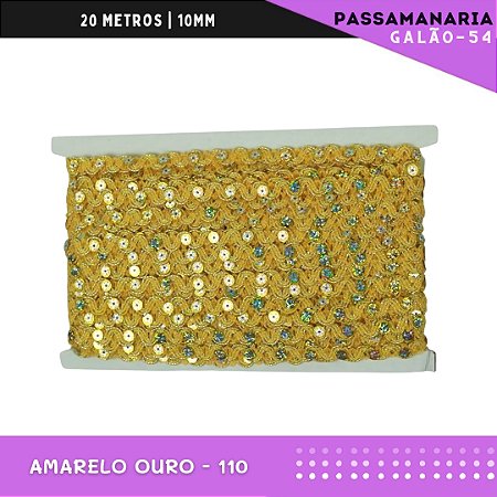 Fita Galão Passamanaria Ref:Galao-54-10mm - Rolo C/20 Mts Cor:Amarelo-Ouro-110