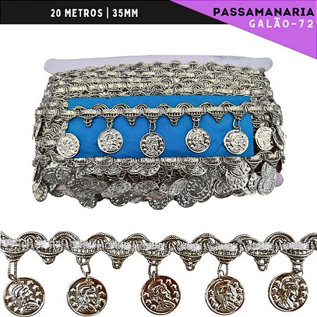 Fita Galão Passamanaria Moeda Cigana 35mm - Galao-72 - Rolo C/20 Mts Cor:Prata