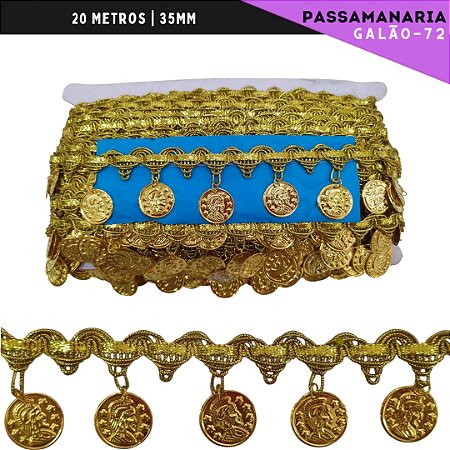 Fita Galão Passamanaria Moeda Cigana 35mm - Galao-72 - Rolo C/20 Mts Cor:Ouro