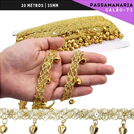 Fita Galão Passamanaria Sino 35mm - Ref:Galao-73 - Rolo C/20 Mts Cor:Ouro