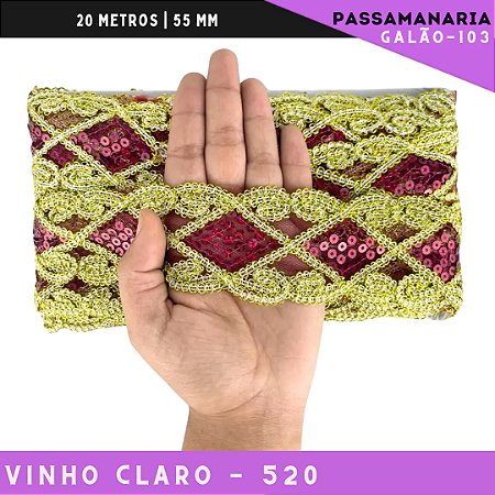Fita Galão Passamanaria Ref:Galao-103 -55mm - Rolo C/20 Mts Cor:Vinho-Claro-520