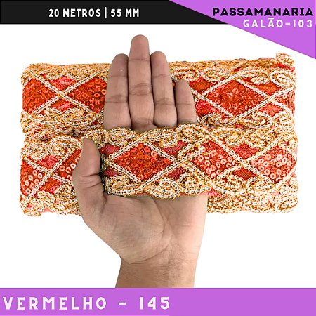 Fita Galão Passamanaria Ref:Galao-103 -55mm - Rolo C/20 Mts Cor:Vermelho-145