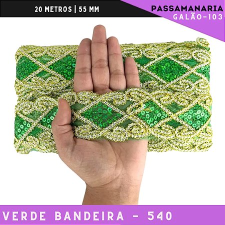 Fita Galão Passamanaria Ref:Galao-103 -55mm - Rolo C/20 Mts Cor:Verde-Bandeira-540