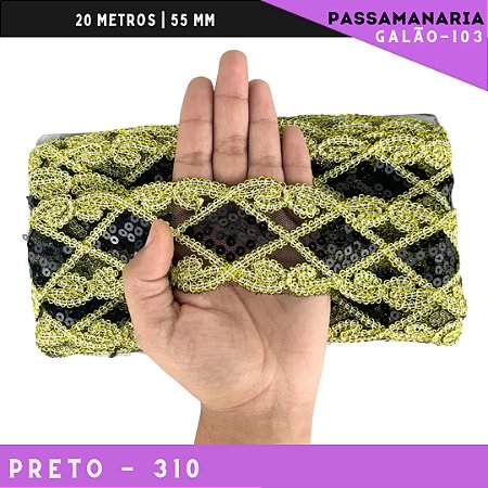 Fita Galão Passamanaria Ref:Galao-103 -55mm - Rolo C/20 Mts Cor:Preto-310