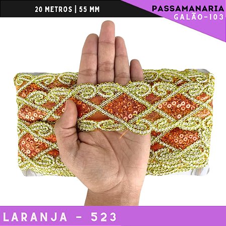 Fita Galão Passamanaria Ref:Galao-103 -55mm - Rolo C/20 Mts Cor:Laranja-523