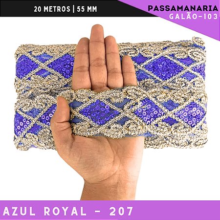 Fita Galão Passamanaria Ref:Galao-103 -55mm - Rolo C/20 Mts Cor:Azul-Royal-207