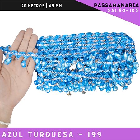 Fita Passamanaria Galao-107 Pedrarias - Tam: 35mm - Rolo C/20 Mts Cor:Azul-Turquesa-199