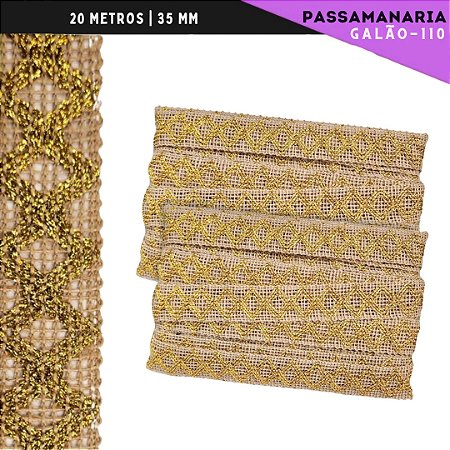Fita De Juta Passamanaria Galao-110 - Tam: 35mm - Rolo C/20 Mts Cor:Juta/Ouro