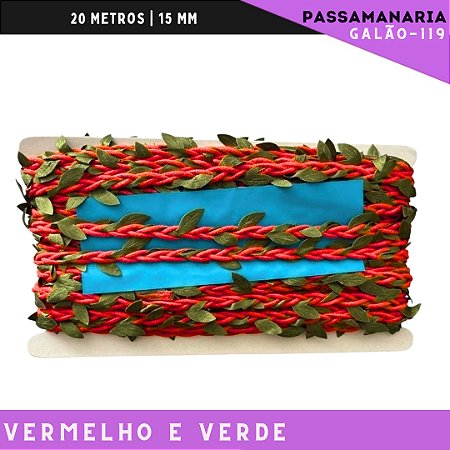 Fita De Passamanaria Corda Trançada C/Folhas Galao-119 - Rolo C/20 Mts Cor:Vermelho/Verde-145/254